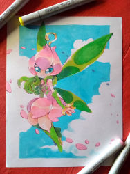 Rule 34 | 1girl, blue eyes, cloud, digimon, flower, highres, lilimon, petals, solo, traditional media