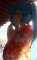 Rule 34 | 1girl, abmayo, backlighting, bloom, closed eyes, closed mouth, day, floral print, green hair, hair ornament, hands up, hatsumoude, hatsune miku, japanese clothes, kimono, long hair, long sleeves, multicolored clothes, multicolored kimono, new year, outdoors, own hands clasped, own hands together, praying, red kimono, smile, solo, twintails, vocaloid, wide sleeves