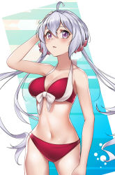 Rule 34 | 1girl, ahoge, ankh (ankh 05), arm up, bare shoulders, bikini, blush, breasts, cleavage, commentary request, front-tie top, hair ornament, hair scrunchie, large breasts, light purple hair, long hair, looking at viewer, low twintails, navel, open mouth, purple eyes, red bikini, scrunchie, senki zesshou symphogear, shiny skin, solo, standing, swimsuit, twintails, very long hair, yukine chris