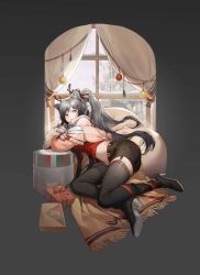Rule 34 | 1girl, animal ears, arknights, bare shoulders, black footwear, black shorts, black thighhighs, boots, cat ears, christmas ornaments, crop top, eary guoguo, grey background, high heel boots, high heels, highres, jacket, long hair, looking at viewer, midriff, navel, no tail, off shoulder, official alternate costume, pink jacket, ponytail, red shirt, schwarz (arknights), schwarz (presents) (arknights), shirt, short shorts, shorts, silver hair, simple background, solo, stomach, thighhighs, thighs, window, yellow eyes