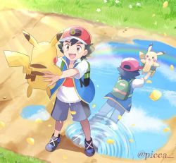 Rule 34 | 1boy, artist name, ash ketchum, backpack, bag, black hair, brown eyes, commentary request, creatures (company), day, different reflection, game freak, gen 1 pokemon, grass, highres, holding, holding pokemon, jacket, mei (maysroom), nintendo, open mouth, outdoors, path, pikachu, pokemon, pokemon (anime), pokemon (classic anime), pokemon (creature), pokemon journeys, reflection, road, shirt, shoes, short sleeves, shorts, smile, teeth, tongue, watermark, white shirt