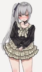 Rule 34 | 1girl, alternate costume, black choker, black ribbon, black shirt, blush, bow, chigasaki yukari, choker, grey background, grey hair, hair ribbon, highres, juliet sleeves, kantai collection, kasumi (kancolle), long hair, long sleeves, looking to the side, orange eyes, own hands together, parted lips, puffy sleeves, ribbon, ribbon choker, shirt, side ponytail, simple background, skirt, sleeves past wrists, solo, sweat, yellow bow, yellow skirt
