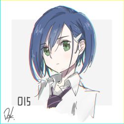 Rule 34 | 10s, 1girl, blue hair, border, commentary request, darling in the franxx, dokkoisho pxv, frown, green eyes, grey background, hair ornament, hairclip, ichigo (darling in the franxx), looking at viewer, necktie, portrait, purple necktie, shirt, short hair, signature, simple background, solo, white shirt