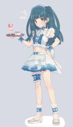 Rule 34 | 1girl, ankle cuffs, apron, bad id, bad twitter id, blue eyes, blue skirt, blunt bangs, blunt ends, bow choker, center frills, closed mouth, coffee, coffee cup, commentary request, crop top, cup, disposable cup, frilled cuffs, frilled skirt, frills, frown, full body, green hair, grey background, hand on own hip, highres, holding, holding tray, inactive account, long hair, looking at viewer, maid, maid headdress, multicolored clothes, multicolored skirt, navel, parfait, platform footwear, pretty series, pripara, sandals, shiyurinpu, simple background, skirt, solo, standing, summer maid coord, tray, tsukikawa chili, two side up, unconventional maid, waist apron, wrist cuffs