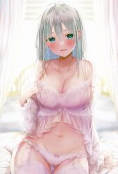 Rule 34 | 1girl, absurdres, babydoll, backlighting, bed, blue eyes, blush, bow, bow panties, breasts, cleavage, garter straps, gluteal fold, grey hair, highres, lace, lace-trimmed panties, lace trim, large breasts, lingerie, long sleeves, looking at viewer, medium hair, navel, on bed, open mouth, original, panties, pillow, rouka (akatyann), sitting, smile, solo, spaghetti strap, thigh gap, thighhighs, underwear, white babydoll, white panties, white thighhighs