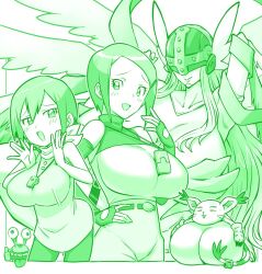 Rule 34 | 4girls, angewomon, blush, breasts, camera, digimon, digimon adventure, digimon adventure 02, elbow gloves, gloves, hand on own hip, helmet, highres, huge breasts, kenchi, large breasts, long hair, multiple girls, numemon, scarf, shirt, short hair, sleeveless, sleeveless shirt, sleeveless turtleneck, smile, tail, tail ornament, tail ring, tailmon, turtleneck, whistle, whistle around neck, winged helmet, yagami hikari