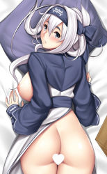 Rule 34 | 10s, 1girl, ainu clothes, ass, blush, breasts, breasts out, butt crack, censored, dakimakura (medium), grey eyes, hair between eyes, headband, heart, heart censor, kamoi (kancolle), kantai collection, large breasts, long hair, long sleeves, looking at viewer, looking back, lying, nipples, no panties, on stomach, pillow, solo, thick eyebrows, thigh gap, tony guisado, white hair