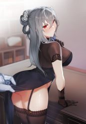 Rule 34 | 1girl, ass, azur lane, black garter straps, black gloves, black thighhighs, book, bookshelf, breasts, china dress, chinese clothes, chinese new year, clothes lift, dress, dress lift, flower, from behind, garter straps, gloves, grey hair, hair between eyes, hair flower, hair ornament, highres, indoors, lace, lace-trimmed legwear, lace trim, large breasts, looking at viewer, looking back, mole, mole under eye, official alternate costume, red eyes, sadiwosan, saint-louis (alluring administrator) (azur lane), saint-louis (azur lane), see-through, short sleeves, table, thighhighs, white flower, white gloves, wooden table