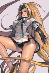 Rule 34 | 1girl, absurdly long hair, arc system works, black gloves, black panties, blonde hair, blue eyes, breasts, closed mouth, dress, elbow gloves, feet out of frame, fingerless gloves, gloves, grey background, guilty gear, headband, hungry clicker, leg up, long hair, medium breasts, millia rage, panties, parted bangs, short dress, simple background, solo, underwear, very long hair, white dress