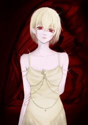 Rule 34 | 1other, androgynous, bare shoulders, blonde hair, bug, butterfly, collarbone, cowboy shot, crystal earrings, dress, earrings, formal, highres, hunter x hunter, insect, jewelry, kurapika, looking at viewer, red eyes, short hair, sleeveless, solo, straight-on, un nnnnoir, yellow dress