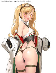 Rule 34 | 1girl, :d, ass, azur lane, bare shoulders, black panties, black shirt, blonde hair, breasts, coat, collared shirt, commentary request, cowboy shot, crop top, from behind, goggles, goggles on head, highres, leonardo da vinci (azur lane), long hair, looking at viewer, no pants, off shoulder, official art, open clothes, open coat, open mouth, orange eyes, panties, popqn, shirt, sleeveless, sleeveless shirt, small breasts, smile, solo, standing, string panties, thigh strap, thighs, thong, twintails, twisted torso, underwear, white background, white coat