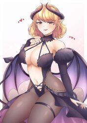 Rule 34 | 1girl, absurdres, alternate costume, azur lane, bat wings, black leotard, blonde hair, breasts, brown pantyhose, center opening, cleavage, commentary, covered navel, demon girl, demon horns, demon tail, demon wings, detached collar, detached sleeves, earrings, english commentary, fingernails, fur-trimmed sleeves, fur trim, gem, heart, heart tail, highres, horns, jewelry, large breasts, leotard, long sleeves, looking at viewer, medium hair, orange eyes, pantyhose, pointy ears, prince of wales (azur lane), pumpkinpaii, red gemstone, revealing clothes, sharp fingernails, signature, simple background, solo, tail, thigh strap, white background, wings