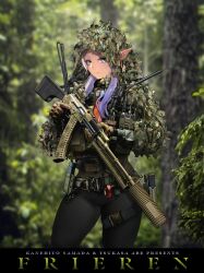 Rule 34 | 1girl, absurdres, ammunition pouch, belt, black pantyhose, blue eyes, blue hair, closed mouth, elf, english text, forest, frieren, ghillie suit, gloves, gun, handgun, highres, holding, holding gun, holding weapon, holster, light machine gun, looking at viewer, magazine (weapon), medium hair, nature, optical sight, pantyhose, pointy ears, pouch, radio, radio antenna, rpk-74, sousou no frieren, suppressor, tactical clothes, tan, thigh holster, tiewan, twintails, weapon