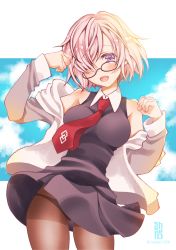 Rule 34 | 1girl, 2018, :d, arm up, artist name, bare shoulders, black-framed eyewear, black dress, blue sky, blush, breasts, brown pantyhose, cloud, cloudy sky, collared dress, commentary request, day, dress, fate/grand order, fate (series), fingernails, glasses, hair over one eye, hand up, hood, hood down, hooded jacket, jacket, long sleeves, mash kyrielight, medium breasts, necktie, open clothes, open jacket, open mouth, panties, panties under pantyhose, pantyhose, pink hair, pleated dress, purple eyes, red necktie, sheepd, sky, sleeveless, sleeveless dress, smile, solo, twitter username, underwear, white jacket