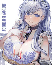 Rule 34 | 1girl, azur lane, bad id, bad pixiv id, belfast (azur lane), blue eyes, blush, braid, breasts, candle, chain, cleavage, collar, fire, hand on own chest, happy birthday, highres, icing, large breasts, long hair, looking at viewer, maid, maid headdress, open mouth, silver hair, simple background, solo, straight hair, suru (ksoo420), swept bangs, topless, tray, upper body, white background, wrist cuffs