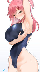 Rule 34 | 1girl, armpits, black one-piece swimsuit, breast rest, breasts, c@rbon, competition swimsuit, cowboy shot, embarrassed, green eyes, hair ornament, hairclip, highleg, highleg swimsuit, highres, hololive, large breasts, medium hair, one-piece swimsuit, one side up, pink hair, presenting armpit, sakura miko, simple background, solo, swimsuit, virtual youtuber, white background, x hair ornament
