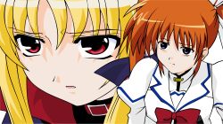 Rule 34 | 00s, 2girls, absurdres, blonde hair, bow, bowtie, brown hair, cape, close-up, dress, fate testarossa, highres, long sleeves, lyrical nanoha, magical girl, mahou shoujo lyrical nanoha, mahou shoujo lyrical nanoha strikers, multiple girls, red bow, red bowtie, red eyes, short hair, simple background, takamachi nanoha, takamachi nanoha (aggressor mode), transparent background, twintails, uniform, upper body, white background, white dress