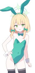 Rule 34 | 1girl, absurdres, animal ears, black thighhighs, blonde hair, blue archive, blush, bow, breasts, cat tail, covered navel, cowboy shot, detached collar, detached sleeves, fake animal ears, green bow, green eyes, green halo, green leotard, hair bow, halo, hand on own hip, highres, jyt, leotard, looking at viewer, midori (blue archive), open mouth, rabbit ears, short hair, simple background, small breasts, solo, strapless, strapless leotard, tail, thighhighs, white background, wrist cuffs
