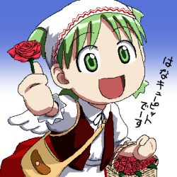 Rule 34 | 1girl, angel wings, child, flower, gradient background, green eyes, green hair, happy, koiwai yotsuba, looking at viewer, lowres, matching hair/eyes, oekaki, open mouth, quad tails, rose, simple background, smile, solo, text focus, translated, wings, yotsubato!