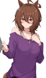 Rule 34 | 1girl, absurdres, agnes tachyon (umamusume), ahoge, animal ears, bare shoulders, brown hair, earrings, hair between eyes, highres, horse ears, horse girl, horse tail, jewelry, long sleeves, nagaburo imoni, necklace, official alternate costume, parted lips, purple sweater, red eyes, shirt tug, short hair, simple background, single earring, sweater, tail, umamusume, white background