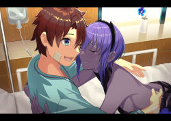 Rule 34 | 1boy, 1girl, :d, ass, bandages, bed, beppu mitsunaka, black hairband, blue eyes, blue flower, breasts, brown hair, closed mouth, command spell, commentary request, crying, dark-skinned female, dark skin, fake horns, fate/grand order, fate (series), flower, fujimaru ritsuka (male), hairband, happy, hassan of serenity (fate), highres, horned headwear, horns, hospital bed, hug, intravenous drip, letterboxed, open mouth, purple hair, short hair, sideboob, sidelocks, smile, tears, window