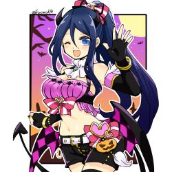Rule 34 | 1girl, alternate costume, armpit peek, bare shoulders, bat (animal), belt, black gloves, blue eyes, blue hair, breasts, cleavage, demon girl, demon horns, demon tail, demon wings, detached sleeves, fire emblem, gloves, hair ornament, halloween, hand up, horns, large breasts, long hair, looking at viewer, midriff, moon, nail polish, navel, night, nintendo, one eye closed, open mouth, orange nails, oribe tsubasa, ponytail, short shorts, shorts, smile, solo, tail, tokyo mirage sessions fe, twitter username, wings, yukia (firstaid0)