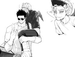 Rule 34 | 2boys, absurdres, bandages, bandaged leg, bandages, blush, boku no hero academia, carrying, casual, couple, endeavor (boku no hero academia), facial hair, greyscale, hawks (boku no hero academia), helen roro, highres, holding, holding paper, jacket, male focus, mature male, monochrome, multiple boys, muscular, muscular male, open clothes, open jacket, paper, princess carry, scar, scar across eye, scar on face, shirt, short hair, sideburns, sitting on arm, spiked hair, stubble, sunglasses, upper body, yaoi