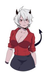 Rule 34 | 1girl, artist name, bad id, bad pixiv id, blush, breasts, cleavage, collarbone, cowboy shot, demon girl, demon horns, demon tail, helltaker, highres, horns, kinaee, large breasts, light blush, looking at viewer, malina (helltaker), red eyes, red shirt, self-upload, shirt, short hair, solo, tail, transparent background, wavy mouth, white hair