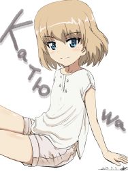 Rule 34 | 10s, 1girl, arm support, artist name, bukkuri, casual, character name, closed mouth, cyrillic, dated, from side, girls und panzer, invisible chair, katyusha (girls und panzer), leaning back, light smile, looking at viewer, shirt, short hair, short shorts, short sleeves, shorts, signature, simple background, sitting, solo, white background, white shirt, white shorts