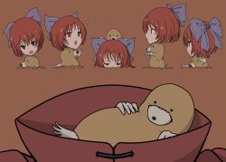 Rule 34 | + +, 1girl, animal, blue bow, bow, disembodied head, hair bow, headless, mole, mole (animal), multiple heads, multiple views, open mouth, oshouyu tabetai, red eyes, red hair, sekibanki, short hair, touhou, what