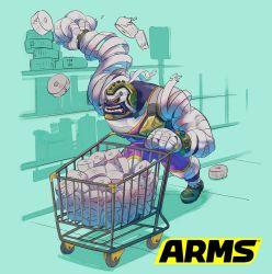 Rule 34 | 1boy, aqua background, arms (game), bandages, black sclera, colored sclera, colored skin, highres, logo, long arms, male focus, master mummy (arms), monster boy, mummy, nintendo, official art, purple skin, red eyes, shopping cart, simple background, solo, wrestling outfit, yamamoto yuu