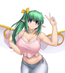 Rule 34 | 1girl, aged up, alternate breast size, alternate costume, bare arms, blouse, blue eyes, breasts, choker, cleavage, cowboy shot, crop top, daiyousei, fairy, fairy wings, fingernails, flower ornament, green hair, hair ribbon, hater (hatater), highres, large breasts, light smile, long fingernails, midriff, nail polish, pink shirt, pointy ears, ribbon, shirt, side ponytail, simple background, solo, tank top, touhou, v, white background, white nails, wings, yellow ribbon