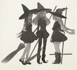 Rule 34 | 3girls, arm behind back, bloomers, boots, braid, broom, buttons, closed mouth, collared capelet, collared shirt, commentary request, cross, dress, expressionless, full body, greyscale, hat, high heel boots, high heels, holding, holding broom, holding cross, holding scythe, long hair, long sleeves, low twin braids, mary janes, monochrome, multiple girls, original, pantyhose, pleated skirt, pointy footwear, puffy short sleeves, puffy sleeves, scythe, shirt, shoes, short dress, short sleeves, simple background, skirt, sleeveless, sleeveless dress, socks, spaghetti strap, standing, straight hair, tono (rt0no), turtleneck, turtleneck dress, twin braids, underwear, very long hair, white background, witch, witch hat