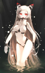 Rule 34 | 10s, 1girl, abyssal ship, airfield princess, breasts, heart, heart-shaped pupils, high collar, highres, hip focus, horns, kantai collection, large breasts, long hair, mukka, open mouth, pale skin, red eyes, solo, swimsuit, symbol-shaped pupils, very long hair, wading