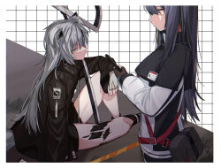 Rule 34 | 2girls, animal ears, arknights, belt pouch, black coat, black hair, border, brown gloves, cellphone, checkered background, coat, commentary, empty eyes, expressionless, fingerless gloves, gloves, grey eyes, grey hair, grid background, highres, holding, holding phone, id card, jacket, lappland (arknights), long hair, material growth, multiple girls, oripathy lesion (arknights), phone, pouch, profile, shoes, signal 1120, sitting, smartphone, standing, sword, symbol-only commentary, tail, texas (arknights), unsheathed, weapon, white border, white gloves, white jacket, wolf ears, wolf tail
