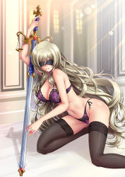 Rule 34 | 10s, 1girl, adsouto, artist name, bare arms, bare shoulders, black blindfold, black thighhighs, blindfold, blonde hair, blush, bra, breasts, cleavage, cosplay, covered erect nipples, covered eyes, foot out of frame, goblin slayer!, hair between eyes, highres, holding, holding sword, holding weapon, indoors, jewelry, kneeling, lace, lace-trimmed legwear, lace trim, large breasts, lens flare, light, lingerie, long hair, navel, on ground, panties, pink bra, pink panties, purple bra, purple panties, shadow, side-tie panties, smile, solo, sword, sword maiden, thighhighs, underwear, underwear only, very long hair, weapon, 2b (nier:automata), 2b (nier:automata) (cosplay)