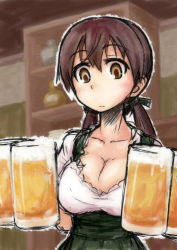 Rule 34 | 00s, 1girl, alcohol, ashiga oreta, barmaid, beer, blush, breasts, brown eyes, brown hair, cleavage, dirndl, german clothes, gertrud barkhorn, hair ribbon, large breasts, long hair, maid, oktoberfest, ribbon, senzure, solo, strike witches, traditional clothes, twintails, underbust, world witches series