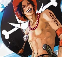 Rule 34 | 1boy, abs, beads, belt, black hair, blue sky, character name, cloud, freckles, happy, hat, jewelry, jolly roger, knife, lily (artist), lowres, male focus, muscular, necklace, nipples, ocean, one piece, outdoors, pirate, portgas d. ace, sheathed knife, skull, sky, smile, solo, stampede string, tattoo, topless male, weapon
