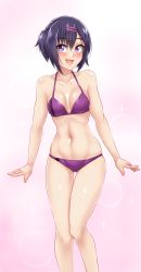 Rule 34 | 10s, 1girl, alternate hairstyle, bikini, blush, breasts, breasts apart, collarbone, gabriel dropout, groin, hair between eyes, hair ornament, hairclip, halterneck, lens flare, looking at viewer, medium breasts, navel, open mouth, pink background, purple bikini, purple eyes, short hair, short ponytail, smile, solo, sparkle, standing, swimsuit, thigh gap, twrlare, vignette tsukinose april