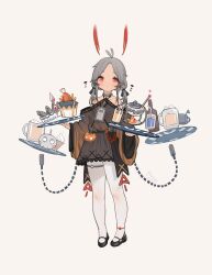 Rule 34 | 1girl, ahoge, alcohol, beer, beer bottle, beer mug, black footwear, black skirt, brown dress, chicken leg, closed mouth, cup, dated, dress, drinking straw, fish, floating, floating object, frilled skirt, frills, grey hair, highres, holding, holding plate, ice cream cone, invisible floor, koebushi (mat), lace, lace-trimmed skirt, lace trim, light smile, mary janes, medium hair, mug, notice lines, original, pantyhose, plate, red eyes, shoes, short twintails, signature, simple background, skirt, solo, standing, strapless, strapless dress, thighlet, twintails, white background, white pantyhose, wide sleeves
