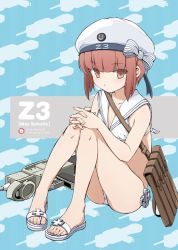 Rule 34 | 10s, 1girl, aka ringo, anchor, bag, beret, bikini, blunt bangs, bow, breasts, character name, clenched hand, closed mouth, collarbone, expressionless, eyebrows, feet, gun, hands on own knees, hat, hat bow, hat ornament, kantai collection, knees up, looking at viewer, no legwear, own hands clasped, own hands together, red eyes, red hair, sailor bikini, sailor collar, sailor hat, sandals, sitting, small breasts, smiley face, solo, striped, striped bow, swimsuit, toes, weapon, white bikini, white hat, z3 max schultz (kancolle)