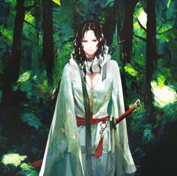 Rule 34 | 1girl, breasts, brown eyes, brown hair, cleavage cutout, clothing cutout, commentary request, expressionless, forest, highres, jun (navigavi), lips, long hair, looking at viewer, nature, original, robe, solo, sword, tree, weapon