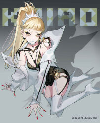 Rule 34 | 1girl, absurdres, black camisole, black shorts, blonde hair, blue lips, breasts, camisole, cleavage, cleo (high energy heroes), garter straps, high energy heroes, highres, hongyi chen, jacket, leaning to the side, looking at viewer, medium breasts, off shoulder, parted lips, ponytail, shadow, shorts, solo, white footwear, white jacket, yellow eyes