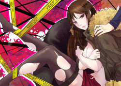 Rule 34 | 1girl, black thighhighs, borrowed clothes, brown hair, caution tape, durarara!!, entangled, from side, jacket, jotaero, keep out, long hair, miniskirt, outline, sitting, skirt, solo, solo focus, thighhighs, topless, torn clothes, torn legwear, torn thighhighs, white outline, yagiri namie
