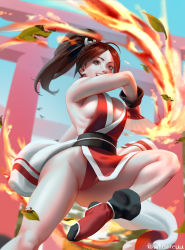 Rule 34 | 1girl, absurdres, armpits, black footwear, blue sky, breasts, brown eyes, brown hair, cleavage, fatal fury, fire, folding fan, hand fan, high ponytail, highres, japanese clothes, large breasts, ninja, open mouth, pelvic curtain, ponytail, pyrokinesis, revealing clothes, shiranui mai, sideboob, sky, snk, solo, the king of fighters, thighs, thong, torii, whoareuu
