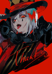Rule 34 | 1girl, black nails, clown, english text, envy baby (vocaloid), fingernails, hand on headwear, hat, highres, lam (ramdayo), looking at viewer, nail polish, neck ruff, red background, red eyes, red theme, solo, thank you, tongue, tongue out, top hat, vocaloid, white hair