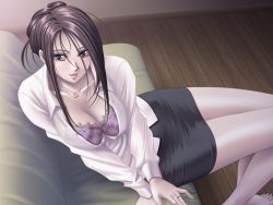 Rule 34 | 1girl, ayuse masahiko, ayuse masahiko (artist), blush, bra, breasts, brown eyes, brown hair, cleavage, couch, dress shirt, jewelry, lace, lace-trimmed bra, lace trim, large breasts, legs, lingerie, long hair, looking at viewer, mature female, miniskirt, necklace, open clothes, open mouth, open shirt, original, ring, see-through, shirt, skirt, solo, thighs, underwear, wedding band, wedding ring