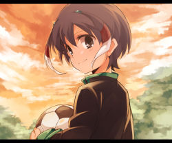 Rule 34 | 1boy, ball, cloud, from behind, hair ornament, inazuma eleven (series), inazuma eleven go, letterboxed, looking back, male focus, short hair, shuu (inazuma eleven), sky, smile, soccer ball, solo, telstar, umiko (munemiu)