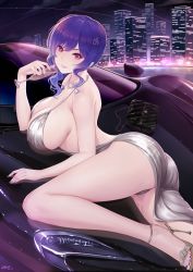 Rule 34 | 1girl, alexiel (pixiv6211566), ass, azur lane, bare shoulders, blue hair, blush, breasts, car, cleavage, collarbone, cup, dress, drinking glass, evening gown, hair between eyes, hair ornament, hairclip, halter dress, halterneck, highres, huge breasts, legs, long hair, looking at viewer, mclaren, mclaren p1, motor vehicle, parted lips, photoshop (medium), pink eyes, plunging neckline, side ponytail, sidelocks, silver dress, smile, solo, st. louis (azur lane), st. louis (luxurious wheels) (azur lane), suggestive fluid, thighs