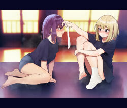 Rule 34 | 2girls, absurdres, arm up, bare legs, barefoot, blonde hair, blue shirt, blue shorts, blurry, blurry background, blush, breasts, brown eyes, convenient leg, eyelashes, feet, full body, hair between eyes, highres, holding, hugging own legs, indoors, knees up, leaning forward, legs, long hair, lumina (artist), medium breasts, medium hair, multiple girls, no shoes, original, oversized clothes, oversized shirt, purple hair, saliva, saliva trail, shirt, short shorts, short sleeves, shorts, sidelocks, single sock, sitting, smell, socks, soles, steaming body, t-shirt, thighs, toenails, toes, tongue, tongue out, white socks
